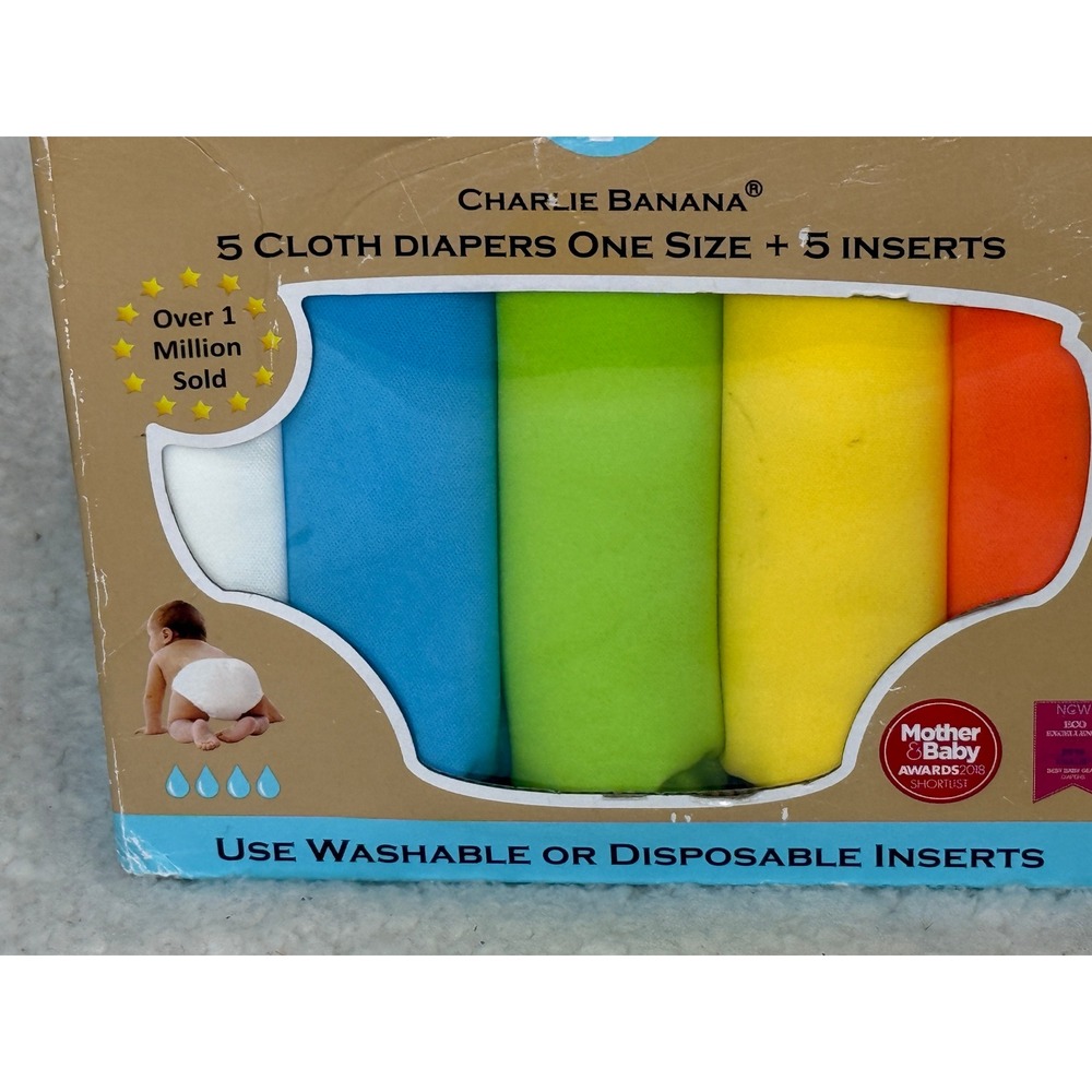 Charlie Banana 5 Cloth Diapers One Size + 5 Inserts Multi Color Reusable Set